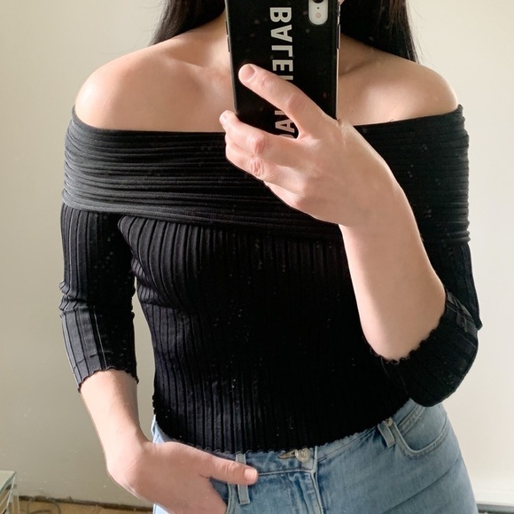 Zara Knit Black Off the shoulder Ribbed Cropped 3/4 Sleeve Top Small - Picture 3 of 10